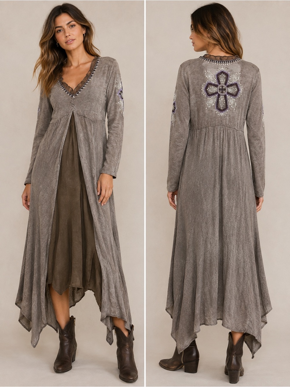 🤎 Double D Ranch Embroidered Handkerchief Hem Duster Cardigan Boho Size Medium